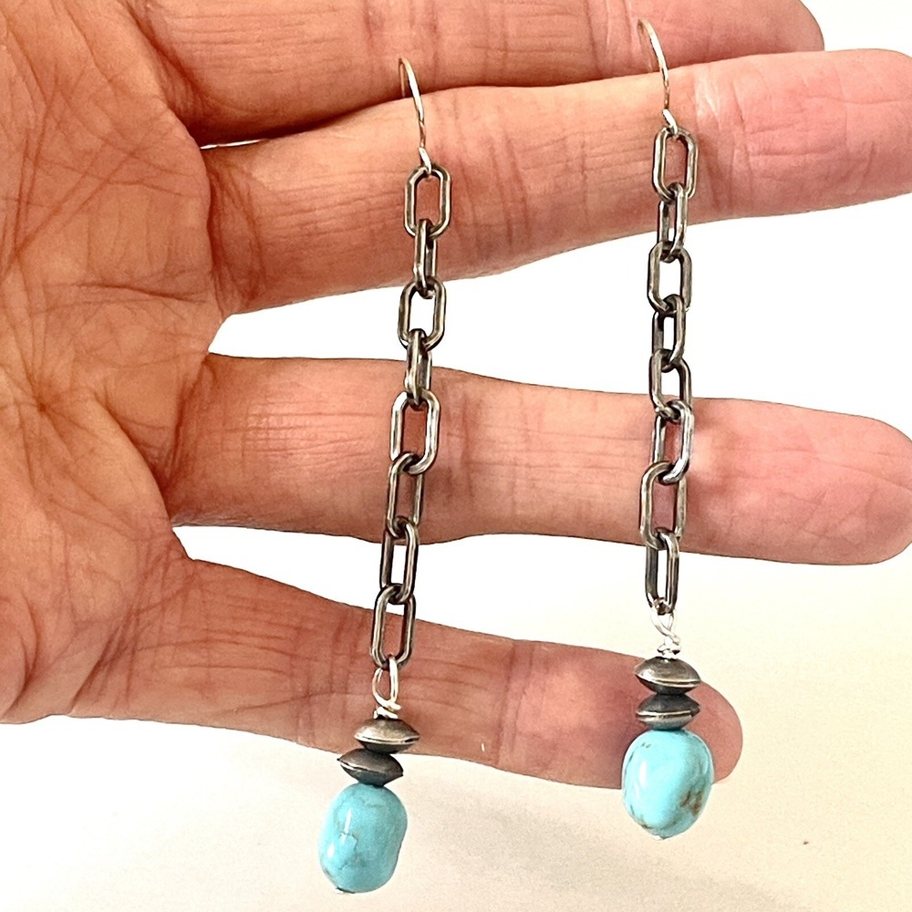 Long Navajo Turquoise Earrings 3.25in Sterling 925 Dangle Navajo Matte Chain - Picture 3 of 9
